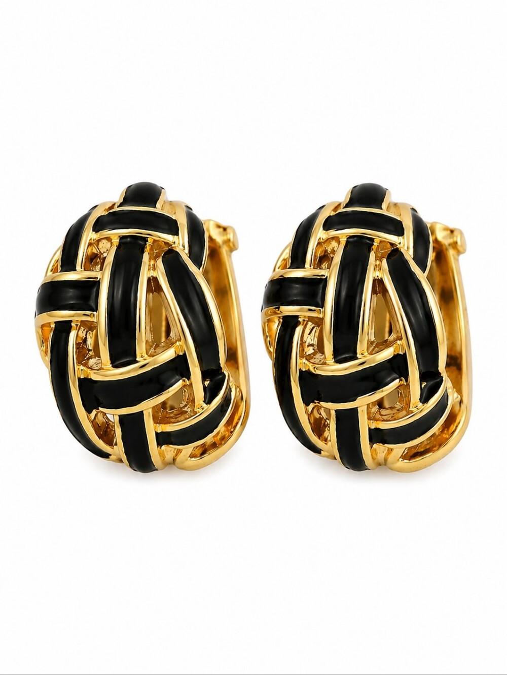 VTG 80s Black Enamel Basketweave Dome Clip-on Earrings